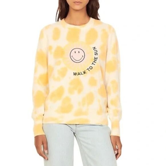 Sandro x Smiley Walk To The Sun Sweater Size 4 Yellow White Cashmere - Picture 2 of 12